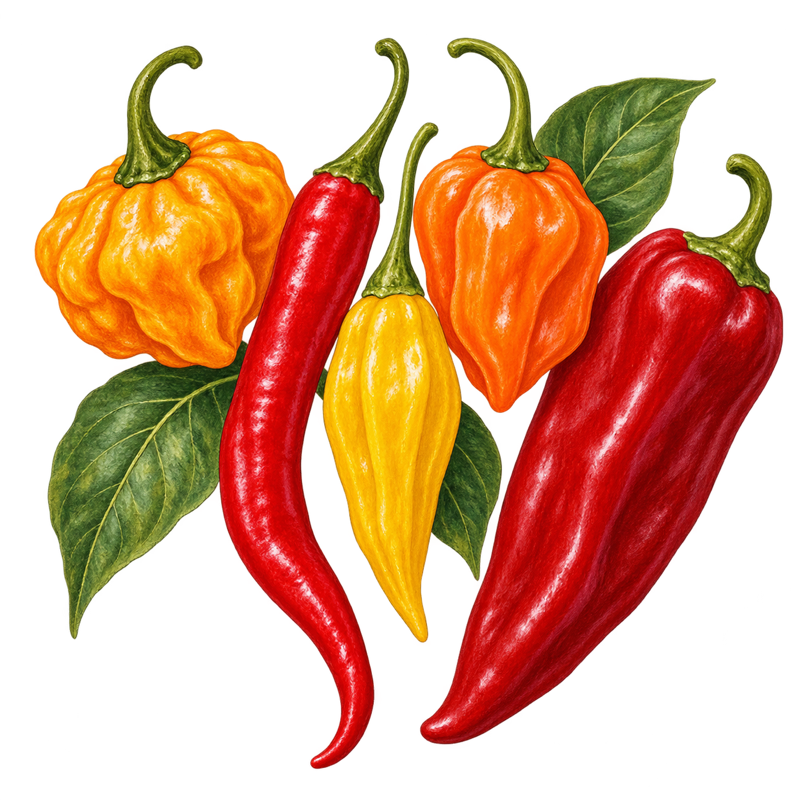 Vintage botanical illustration of Hot Pepper Mixed
